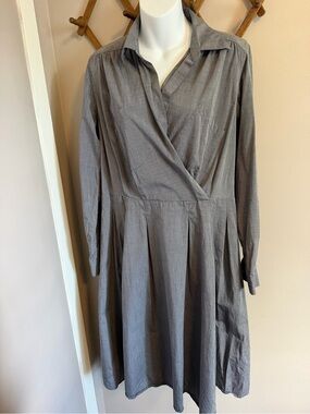 Anne Klein Grey Cotton Faux Wrap Shirtdress L